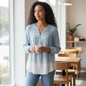 Bandolino Women's 1/2 Button Front Blue White Gauze Ruched Tunic M